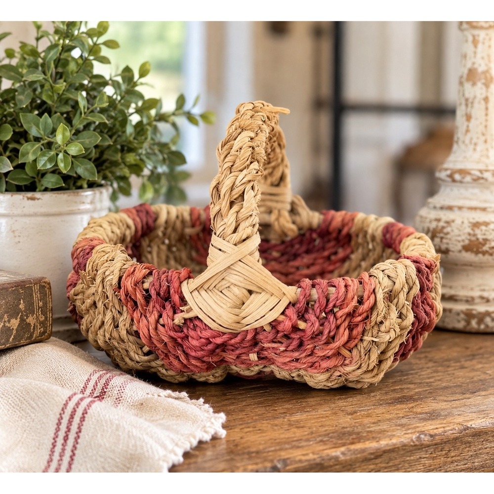 Hand Woven Egg Gathering Basket Red Tan Eye of God Primitive Rustic Decor